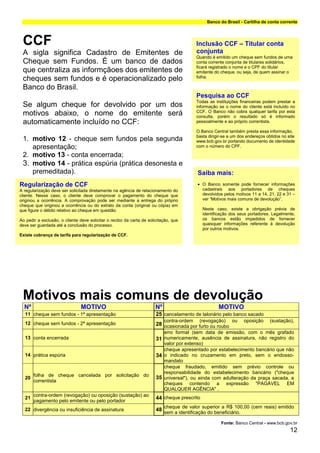 Banco do Brasil - Cartilha de conta corrente



 CCF                                                                                       Inclusão CCF – Titular conta
 A sigla significa Cadastro de Emitentes de                                                conjunta
                                                                                           Quando é emitido um cheque sem fundos de uma
 Cheque sem Fundos. É um banco de dados                                                    conta corrente conjunta de titulares solidários,
                                                                                           ficará registrado o nome e o CPF do titular
 que centraliza as informçãoes dos emitentes de                                            emitente do cheque, ou seja, de quem assinar o
                                                                                           folha.
 cheques sem fundos e é operacionalizado pelo
 Banco do Brasil.
                                                                                           Pesquisa ao CCF
                                                                                           Todas as instituições financeiras podem prestar a
 Se algum cheque for devolvido por um dos                                                  informação se o nome do cliente está incluído no
                                                                                           CCF. O Banco não cobra qualquer tarifa por esta
 motivos abaixo, o nome do emitente será                                                   consulta, porém o resultado só é informado
 automaticamente incluído no CCF:                                                          pessoalmente e ao próprio correntista.

                                                                                           O Banco Central também presta essa informação,
                                                                                           basta dirigir-se a um dos endereços obtidos no site
 1. motivo 12 - cheque sem fundos pela segunda                                             www.bcb.gov.br portando documento de identidade
    apresentação;                                                                          com o número do CPF.

 2. motivo 13 - conta encerrada;
 3. motivo 14 - prática espúria (prática desonesta e
    premeditada).                                                                          Saiba mais:
Regularização de CCF                                                                       • O Banco somente pode fornecer informações
A regularização deve ser solicitada diretamente na agência de relacionamento do              cadastrais aos portadores de cheques
cliente. Nesse caso, o cliente deve comprovar o pagamento do cheque que                      devolvidos pelos motivos 11 a 14, 21, 22 e 31 –
originou a ocorrência. A comprovação pode ser mediante a entrega do próprio                  ver “Motivos mais comuns de devolução”.
cheque que originou a ocorrência ou do extrato da conta (original ou cópia) em
que figure o débito relativo ao cheque em questão.                                            Neste caso, existe a obrigação prévia de
                                                                                              identificação dos seus portadores. Legalmente,
Ao pedir a exclusão, o cliente deve solicitar o recibo da carta de solicitação, que           os bancos estão impedidos de fornecer
deve ser guardada até a conclusão do processo.                                                quaisquer informações referente à devolução
                                                                                              por outros motivos.
Existe cobrança de tarifa para regularização de CCF.




 Motivos mais comuns de devolução
  Nº                            MOTIVO                                 Nº                             MOTIVO
  11 cheque sem fundos - 1ª apresentação                               25 cancelamento de talonário pelo banco sacado
                                                                            contra-ordem    (revogação)      ou    oposição      (sustação),
  12 cheque sem fundos - 2ª apresentação                               28 ocasionada por furto ou roubo
                                                                            erro formal (sem data de emissão, com o mês grafado
  13 conta encerrada                                                   31 numericamente, ausência de assinatura, não registro do
                                                                          valor por extenso)
                                                                          cheque apresentado por estabelecimento bancário que não
  14 prática espúria                                                   34 o indicado no cruzamento em preto, sem o endosso-
                                                                          mandato
                                                                          cheque fraudado, emitido sem prévio controle ou
                                                                          responsabilidade do estabelecimento bancário ("cheque
       folha de cheque cancelada por solicitação do
  20                                                                   35 universal"), ou ainda com adulteração da praça sacada, e
       correntista
                                                                          cheques contendo a expressão "PAGÁVEL EM
                                                                          QUALQUER AGÊNCIA" .
       contra-ordem (revogação) ou oposição (sustação) ao
  21                                                                   44 cheque prescrito
       pagamento pelo emitente ou pelo portador
                                                                            cheque de valor superior a R$ 100,00 (cem reais) emitido
  22 divergência ou insuficiência de assinatura                        48
                                                                            sem a identificação do beneficiário.

                                                                                                       Fonte: Banco Central - www.bcb.gov.br
                                                                                                                                           12
 