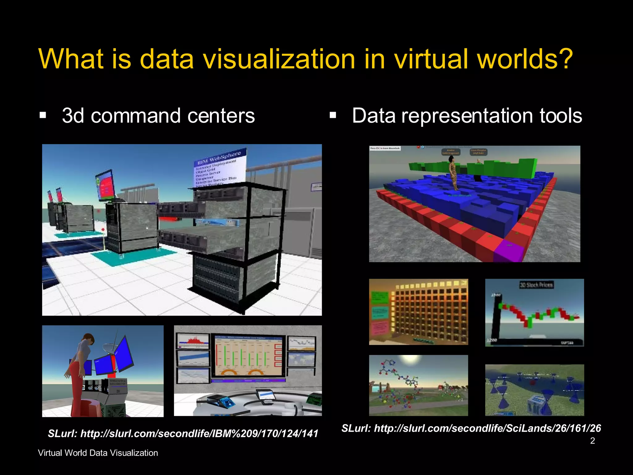 What is data visualization in virtual worlds? 3d command centers Data representation tools SLurl: http://slurl.com/secondlife/IBM%209/170/124/141 SLurl: http://slurl.com/secondlife/SciLands/26/161/26 