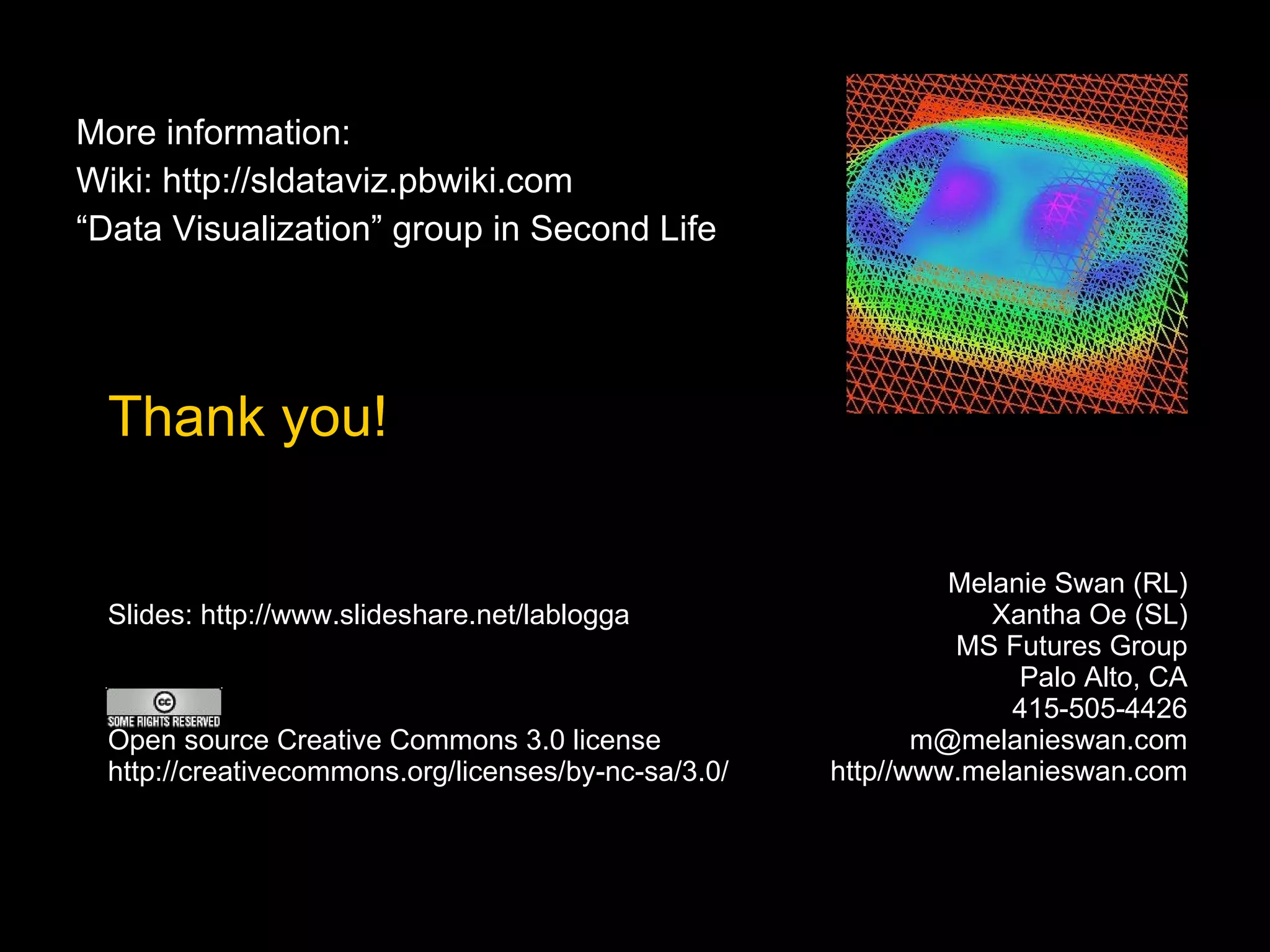 Thank you! Melanie Swan (RL) Xantha Oe (SL) MS Futures Group Palo Alto, CA 415-505-4426 [email_address] http//www.melanieswan.com More information:  Wiki: http://sldataviz.pbwiki.com “ Data Visualization” group in Second Life Slides: http://www.slideshare.net/lablogga  Open source Creative Commons 3.0 license http://creativecommons.org/licenses/by-nc-sa/3.0/ 