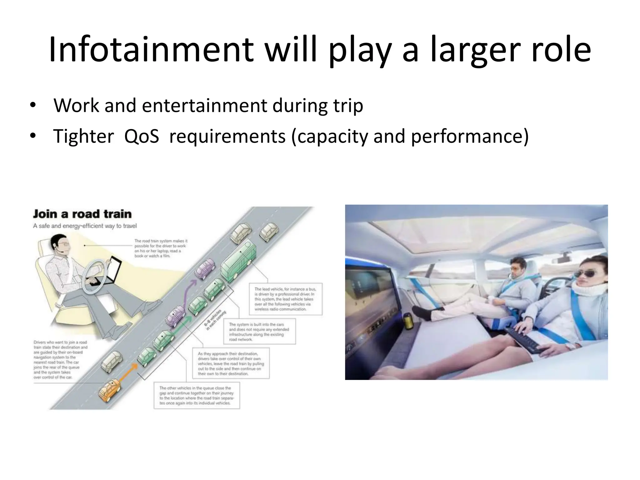 Infotainment will play a larger role
• Work and entertainment during trip
• Tighter QoS requirements (capacity and performance)
 