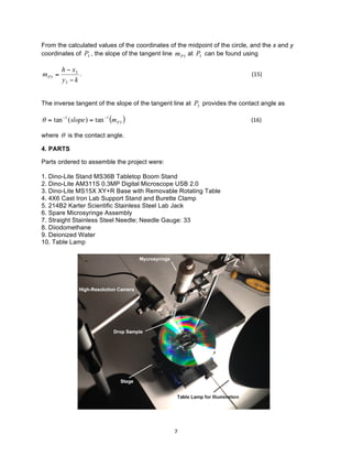 From the calculated values of the coordinates of the midpoint of the circle, and the x and y
coordinates of P3 , the slope of the tangent line m P 3 at P3 can be found using

mP 3 =

h − x3
.	
  	
  	
  	
  	
  	
  	
  	
  	
  	
  	
  	
  	
  	
  	
  	
  	
  	
  	
  	
  	
  	
  	
  	
  	
  	
  	
  	
  	
  	
  	
  	
  	
  	
  	
  	
  	
  	
  	
  	
  	
  	
  	
  	
  	
  	
  	
  	
  	
  	
  	
  	
  	
  	
  	
  	
  	
  	
  	
  	
  	
  	
  	
  	
  	
  	
  	
  	
  	
  	
  	
  	
  	
  	
  	
  	
  	
  	
  	
  	
  	
  	
  	
  	
  	
  	
  	
  	
  	
  	
  	
  	
  	
  	
  	
  	
  	
  	
  	
  	
  	
  	
  	
  	
  	
  	
  	
  	
  	
  	
  	
  	
  	
  	
  	
  	
  	
  	
  	
  (15)	
  
y3 − k

The inverse tangent of the slope of the tangent line at P3 provides the contact angle as

θ = tan −1 ( slope ) = tan −1 (m P 3 ) 	
  	
  	
  	
  	
  	
  	
  	
  	
  	
  	
  	
  	
  	
  	
  	
  	
  	
  	
  	
  	
  	
  	
  	
  	
  	
  	
  	
  	
  	
  	
  	
  	
  	
  	
  	
  	
  	
  	
  	
  	
  	
  	
  	
  	
  	
  	
  	
  	
  	
  	
  	
  	
  	
  	
  	
  	
  	
  	
  	
  	
  	
  	
  	
  	
  	
  	
  	
  	
  	
  	
  	
  	
  	
  	
  	
  	
  	
  	
  	
  	
  	
  	
  	
  	
  	
  	
  	
  (16)	
  
where θ is the contact angle.
4. PARTS
Parts ordered to assemble the project were:
1. Dino-Lite Stand MS36B Tabletop Boom Stand
2. Dino-Lite AM311S 0.3MP Digital Microscope USB 2.0
3. Dino-Lite MS15X XY+R Base with Removable Rotating Table
4. 4X6 Cast Iron Lab Support Stand and Burette Clamp
5. 214B2 Karter Scientific Stainless Steel Lab Jack
6. Spare Microsyringe Assembly
7. Straight Stainless Steel Needle; Needle Gauge: 33
8. Diiodomethane
9. Deionized Water
10. Table Lamp

	
  

7	
  

 
