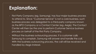 Explanation:
- First Party Company (eg. Samsung), has four major business process
to attend to. Since “Customer Service” is not a core business, such
business process was delegated to a third-party company known
as the BPO Company or a Contact Center (eg. Aegis). The Contact
Center will then be the one to perform Customer Service business
process on behalf of the First Party Company.
- Without the business outsourcing process, if a customer calls
Samsung to complain, Samsung will answer and handle the call.
With the business outsourcing process, the call will be received and
handled by Aegis instead.
 