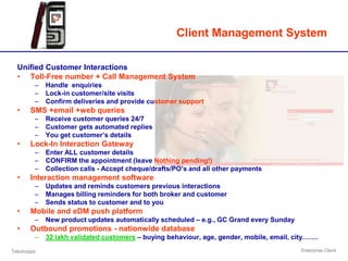 Client Management System

  Unified Customer Interactions
  • Toll-Free number + Call Management System
         –   Handle enquiries
         –   Lock-in customer/site visits
         –   Confirm deliveries and provide customer support
  •    SMS +email +web queries
         –   Receive customer queries 24/7
         –   Customer gets automated replies
         –   You get customer’s details
  •    Lock-In Interaction Gateway
         –   Enter ALL customer details
         –   CONFIRM the appointment (leave Nothing pending!)
         –   Collection calls - Accept cheque/drafts/PO’s and all other payments
  •    Interaction management software
         –   Updates and reminds customers previous interactions
         –   Manages billing reminders for both broker and customer
         –   Sends status to customer and to you
  •    Mobile and eDM push platform
         –   New product updates automatically scheduled – e.g., GC Grand every Sunday
  •    Outbound promotions - nationwide database
         –   32 lakh validated customers – buying behaviour, age, gender, mobile, email, city…….

Teleshoppe                                                                                 Enterprise Client
 