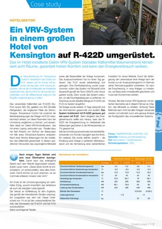 Nach einigen Tagen Betrieb wird
eine neue Ölentnahme durchge-
führt. Damit kann das anfängliche
Restöl nach dem Retrofit diagnostiziert werden.
Aubéri Lecat meint: „Dieser letzte Schritt ist ent-
scheidend, um sicherzustellen, dass alles funkti-
oniert. Damit können wir auch erkennen, ob wir
nochmals entleeren müssen oder nicht.“
Am Ende ist der Umrüstungsvorgang ein wahr-
hafter Erfolg, sowohl hinsichtlich des Verfahrens
als auch der erlangten Leistungskraft.
Der Verlust an Kühlleistung ist dem Ergebnis,
das gemäß den theoretischen Studien ursprüng-
lich vorgesehen war, sehr nah. Dieser Unter-
schied von 1% ist auf den unterschiedlichen Be-
trieb des Eiswassers bei R-427A und bei R-22
zurückzuführen
Siehe nachfolgende Tabelle.
Betriebsart der Installation
Case study
Theoretische Studie Messungen vor Ort
Einheiten R-22 R-427A R-22 R-427A
Durchschnittlicher Verdampfungsdruck bar 4,4 4,3 4,8 4,4
Durchschnittliche Verdampfungs-temperatur °C -3,5 -3,5 -3,5 -3,5
Durchschnittlicher Kondensationsdruck bar 15,3 15,9 15,3 16,3
Durchschnittliche Kondensations-temperatur °C 40 40 40 40
Verdrängungs-temperatur °C 75,2 65,7 76 56,7
Kühlleistung kW 354 326 358 326
Kompressionsleistung kW 80,1 78,8 65 60
Leistung des Kondensators kW 434 406 439 406
Betrieb des Eiswassers °C 10,5/9,6 9,3/8,2
Leistungsverlust % - 7,9 - 9
Kältemittel Füllmenge kg 52 50
Ein VRV-System
in einem großen
Hotel von
Kensington auf R-422D umgerüstet.
Das im Hotel installierte Daikin-VRV-System (Variabler Kältemittel-Volumenstrom) klimati-
siert acht Räume, garantiert hohen Komfort und kann den Energieverbrauch senken.
Hotelsektor
D
ie Herausforderung für Temperature
Control in Anbetracht des Endes von
R-22, dessen sich ihr Kunde voll be-
wusst war lag darin, eine Lösung an-
zubieten, die mit der Umweltpolitik der Hotelkette
übereinstimmte, den Komfort für die Kunden bei-
zubehalten und die Stillstandszeit aufgrund des
Eingriffs möglichst gering zu halten.
Das verwendete Kältemittel war R-422D (Du-
Pont Isceon MO 29), geliefert von IDS Climalife
Refrigeration, der englischen Filiale der Dehon-
Gruppe. Temperature Control hat zunächst die
Betriebsbedingungen der Anlage mit R-22 mess-
technisch erfasst, um diese Parameter nach der
Umrüstung vergleichen zu können, und verwen-
dete dabei ein Daikin-VRV-Kontrollsystem, das
mit einem Laptop verbunden war. Parallel dazu
hat Neil Roberts von DuPont die Ablesungen
mit hilfe eines Climacheck-Systems analysiert.
Nach einer Woche Ablesungen hat der Installa-
teur das Kältemittel gewechselt. In diesem spe-
zifischen Fall wurden das ursprüngliche Mineralöl
sowie alle Bestandteile der Anlage konserviert.
Das Austauschverfahren hat nur einen Tag ge-
dauert. Das R-22 wurde wiedererlangt und
gewogen. Eine Dichtheitsprüfung wurde vorge-
nommen, indem das System mit Stickstoff ohne
Sauerstoff gemäß der Norm EN378 unter Druck
gesetzt wurde. Dann wurde das System evaku-
iert, um alle Feuchtigkeitsspuren zu entfernen. Im
Anschluss wurde dieselbe Menge an R-422D wie
R-22 ins System eingeführt.
Die Anlage wurde weitere 15 Tage überprüft und
die Informationen gesammelt und studiert. Das
System funktioniert mit R-422D genauso gut
wie zuvor mit R-22. Beim Vergleich des Ener-
gieverbrauchs stellte sich heraus, dass das R-
422D die Energierechnung im Heizbetrieb (die
Ablesungen geschahen in der Winterperiode) um
7% gesenkt hat.
SeitderUmrüstungverzeichnetemankeinerleiBe-
schwerden von Kunden bezüglich des Komforts.
Ein weiteres Ziel wurde definitiv erreicht – die
Erhaltung einer Anlage in perfektem Betriebszu-
stand und die Vermeidung einer beträchtlichen
Investition für neues Material. Durch die Verlän-
gerung der Lebensdauer einer Anlage kann der
Kunde nun ein Austauschprogramm im Rahmen
seiner Renovierungspläne vorbereiten. So kann
die Entscheidung, in neue Anlagen zu investie-
ren, auf Basis einer Umweltpolitik geschehen und
muss kein Kompromiss werden.
Hinweis: Bei eher kurzen VRV-Systemen mit ein-
facher Geometrie wie in diesem Fall war es mög-
lich, das Mineralöl zu erhalten. Achtung! Diese
Methode kann nicht bei allen Anlagen verwendet
werden und erfordert zuvor eine genaue Analyse
der Konfiguration des umzustellenden Systems.
Firma: Temperature Control Ltd
Aktivität: Kühlung und Klimatisierung
Ort: Manchester – Großbritannien
Gründungsdatum: 1926
Climalife contact n°1 I 7
 