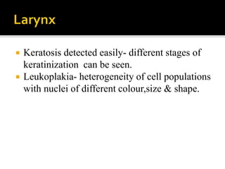  Keratosis detected easily- different stages of
keratinization can be seen.
 Leukoplakia- heterogeneity of cell populations
with nuclei of different colour,size & shape.
 