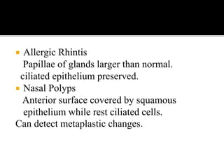  Allergic Rhintis
Papillae of glands larger than normal.
ciliated epithelium preserved.
 Nasal Polyps
Anterior surface covered by squamous
epithelium while rest ciliated cells.
Can detect metaplastic changes.
 