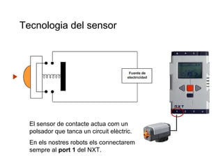 Tecnologia del sensor

El sensor de contacte actua com un
polsador que tanca un circuit elèctric.
En els nostres robots els connectarem
sempre al port 1 del NXT.

 