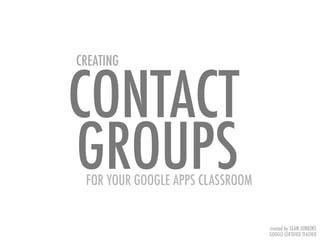 CREATING
FOR YOUR GOOGLE APPS CLASSROOM
CONTACT
GROUPS
created by SEAN JUNKINS
GOOGLE CERTIFIED TEACHER
 
