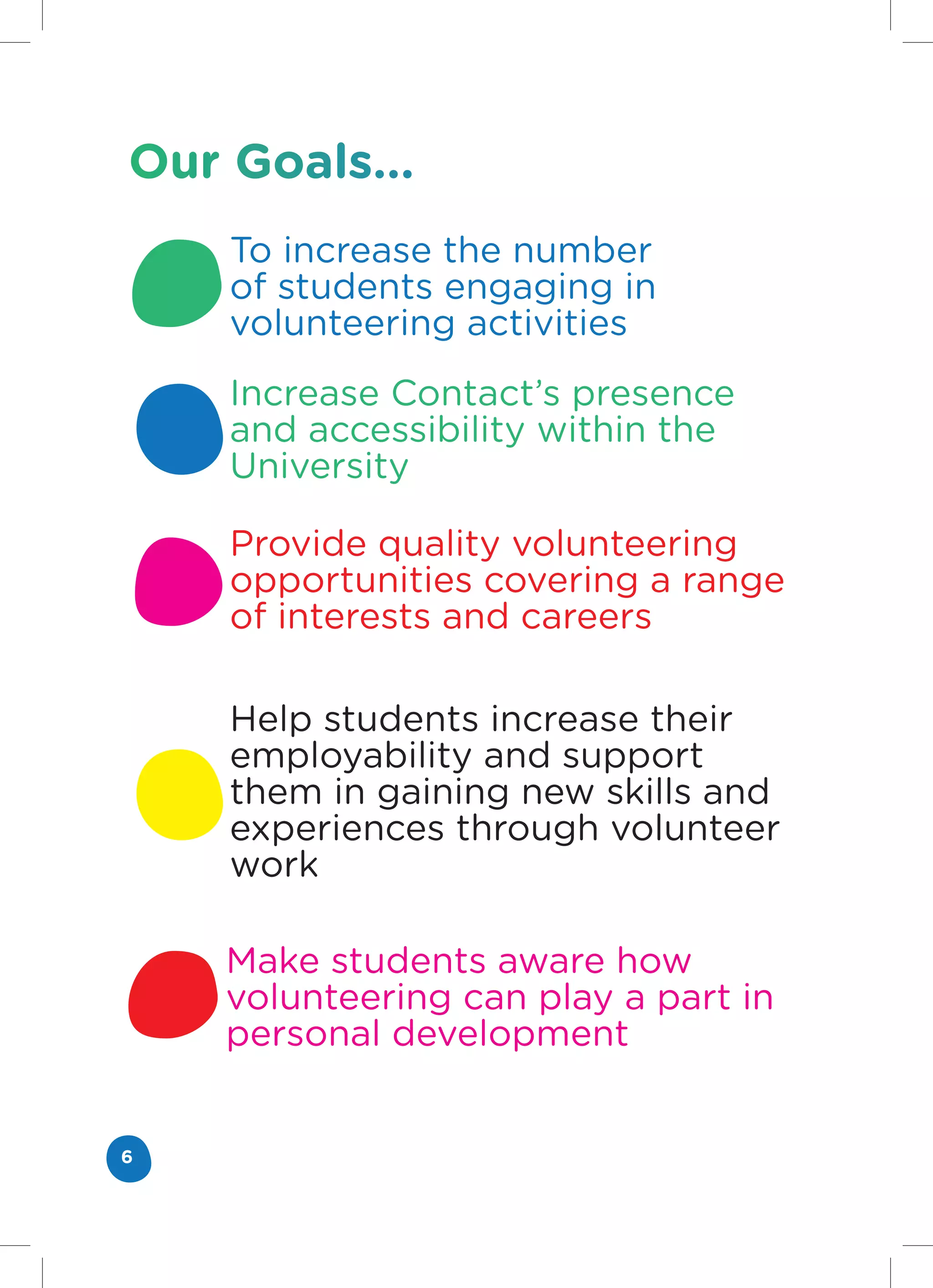Our Goals...
    To increase the number
    of students engaging in
    volunteering activities
    Increase Contact’s presence
    and accessibility within the
    University

    Provide quality volunteering
    opportunities covering a range
    of interests and careers

    Help students increase their
    employability and support
    them in gaining new skills and
    experiences through volunteer
    work

    Make students aware how
    volunteering can play a part in
    personal development


6
 