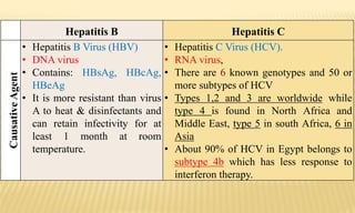 Hepatitis B Hepatitis C
CausativeAgent
• Hepatitis B Virus (HBV)
• DNA virus
• Contains: HBsAg, HBcAg,
HBeAg
• It is more resistant than virus
A to heat & disinfectants and
can retain infectivity for at
least 1 month at room
temperature.
• Hepatitis C Virus (HCV).
• RNA virus,
• There are 6 known genotypes and 50 or
more subtypes of HCV
• Types 1,2 and 3 are worldwide while
type 4 is found in North Africa and
Middle East, type 5 in south Africa, 6 in
Asia
• About 90% of HCV in Egypt belongs to
subtype 4b which has less response to
interferon therapy.
 