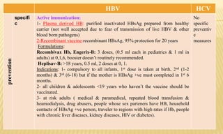 HCVHBV
No
specific
preventiv
e
measures
Active immunization:
1- Plasma derived HB: purified inactivated HBsAg prepared from healthy
carrier (not well accepted due to fear of transmission of live HBV & other
blood born pathogens)
2-Recombinant vaccine:recombinant HBsAg, 95% protection for 20 years
Formulations:
Recombivax Hb, Engerix-B: 3 doses, (0.5 ml each in pediatrics & 1 ml in
adults) at 0,1,6, booster doesn’t routinely recommended.
Heplisav-B: >18 years, 0.5 ml, 2 doses at 0, 1.
Indications: 1- compulsory to all infants, 1st dose is taken at birth, 2nd (1-2
months) & 3rd (6-18) but if the mother is HBsAg +ve must completed in 1st 6
months.
2- all children & adolescents <19 years who haven’t the vaccine should be
vaccinated.
3- at risk adults ( medical & paramedical, repeated blood transfusion &
heamodialysis, drug abusers, people whose sex parteners have HB, household
contacts of HBsAg +ve person, traveler to regions with high rates if Hb, people
with chronic liver diseases, kidney diseases, HIV or diabetes).
specifi
c
prevention
 