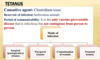 TETANUS
Causative agent: Clostridium tetani
Reservoir of infection: herbivorous animals
Period of communicability: It is the only vaccine-preventable
disease that is infectious but not contagious from person to
person.
Mode of
infection
Surgical
(postoperative)
tetanus
Puerperal
tetanus
Contamination
of wounds
Neonatal
tetanus
 