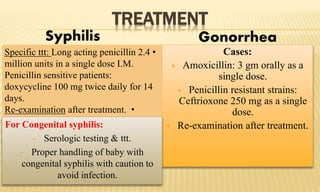 TREATMENT
Cases:
 Amoxicillin: 3 gm orally as a
single dose.
 Penicillin resistant strains:
Ceftrioxone 250 mg as a single
dose.
 Re-examination after treatment.
•Specific ttt: Long acting penicillin 2.4
million units in a single dose I.M.
Penicillin sensitive patients:
doxycycline 100 mg twice daily for 14
days.
•Re-examination after treatment.
For Congenital syphilis:
• Serologic testing & ttt.
• Proper handling of baby with
congenital syphilis with caution to
avoid infection.
Syphilis Gonorrhea
 