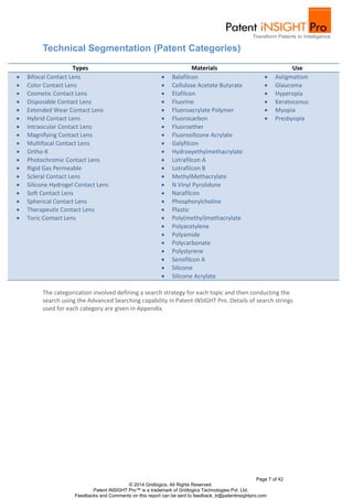 Page 7 of 42
© 2014 Gridlogics. All Rights Reserved.
Patent iNSIGHT Pro™ is a trademark of Gridlogics Technologies Pvt. Ltd.
Feedbacks and Comments on this report can be sent to feedback_tr@patentinsightpro.com
Technical Segmentation (Patent Categories)
Types Materials Use
 Bifocal Contact Lens
 Color Contact Lens
 Cosmetic Contact Lens
 Disposable Contact Lens
 Extended Wear Contact Lens
 Hybrid Contact Lens
 Intraocular Contact Lens
 Magnifying Contact Lens
 Multifocal Contact Lens
 Ortho-K
 Photochromic Contact Lens
 Rigid Gas Permeable
 Scleral Contact Lens
 Silicone Hydrogel Contact Lens
 Soft Contact Lens
 Spherical Contact Lens
 Therapeutic Contact Lens
 Toric Contact Lens
 Balafilcon
 Cellulose Acetate Butyrate
 Etafilcon
 Fluorine
 Fluoroacrylate Polymer
 Fluorocarbon
 Fluoroether
 Fluorosilicone Acrylate
 Galyfilcon
 Hydroxyethylmethacrylate
 Lotrafilcon A
 Lotrafilcon B
 MethylMethacrylate
 N Vinyl Pyrolidone
 Narafilcon
 Phosphorylcholine
 Plastic
 Poly(methyl)methacrylate
 Polyacetylene
 Polyamide
 Polycarbonate
 Polystyrene
 Senofilcon A
 Silicone
 Silicone Acrylate
 Astigmatism
 Glaucoma
 Hyperopia
 Keratoconus
 Myopia
 Presbyopia
The categorization involved defining a search strategy for each topic and then conducting the
search using the Advanced Searching capability in Patent iNSIGHT Pro. Details of search strings
used for each category are given in Appendix.
 