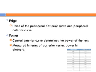  Edge
 Union of the peripheral posterior curve and peripheral
anterior curve
 Power
 Central anterior curve determines the power of the lens
 Measured in terms of posterior vertex power in
diopters.
 