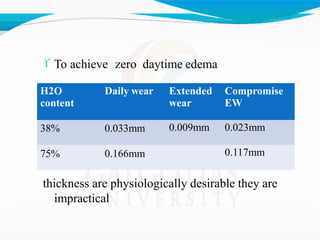  To achieve zero daytime edema
thickness are physiologically desirable they are
impractical
Extended
wear
Compromise
EW
0.009mm 0.023mm
H2O Daily wear
content
38% 0.033mm
75% 0.166mm 0.117mm
 