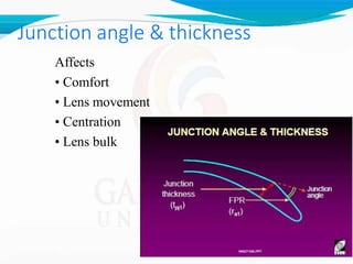 Junction angle & thickness
Affects
• Comfort
• Lens movement
• Centration
• Lens bulk
 