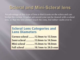 An advantage of this type of lens is that it rests on the sclera and can
bridge the cornea. A rather advanced cone can be cleared with a scleral
lens, so that the lens doesn't touch the cone, but rather vaults over it.
 