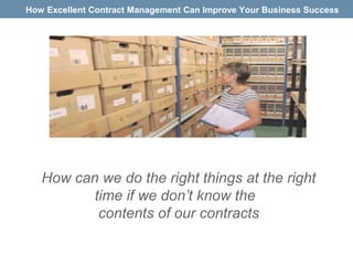 How can we do the right things at the right
time if we don’t know the
contents of our contracts
How Excellent Contract Management Can Improve Your Business Success
 