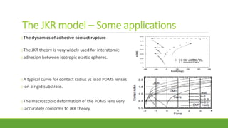 oThe dynamics of adhesive contact rupture
oThe JKR theory is very widely used for interatomic
oadhesion between isotropic elastic spheres.
oA typical curve for contact radius vs load PDMS lenses
o on a rigid substrate.
oThe macroscopic deformation of the PDMS lens very
o accurately conforms to JKR theory.
The JKR model – Some applications
 