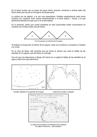 En la tercer puerta veo un grupo de seres (niños, jóvenes, ancianos) a ambos lados del
Disco Solar que hay allí en la Laguna de Quistococha.
La actitud era de alegría, a la vez que expectantes. Estaban esperándonos para tomar
contacto con nosotros. Eran nativos pertenecientes a la etnia Iquitos – Aucas, a la que
pertenecía también la mujer que vi en la dermóptica.
En lo personal, siento que quedó pendiente en esta oportunidad recibir conocimiento en
contacto con el Disco Solar que allí existe.
Las Tres puertas en el interior de la Laguna
Al finalizar la proyección al interior de la Laguna, cada uno comienza a compartir lo recibido
y lo vivido.
En el caso de Deysi, ella comenta que los Guías le decían que viera el reflejo de las
estrellas en la Laguna, que allí había un mensaje...
Fue así que nos dispusimos a dibujar allí mismo en un papel el reflejo de las estrellas en el
agua y esto fue lo que obtuvimos:
Estrellas reflejadas en la superficie de la Laguna Unión de las estrellas y triángulos
La unión de las Estrellas y los triángulos (trazo continuo)
nos sugiere la forma de… ¿una serpiente?
1 2 3
 