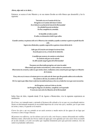 Ahora, algo más se te dará…
Entonces, se acerca el otro Maestro y en sus manos llevaba un rollo blanco que desenrolló y leo lo
siguiente:
Sobre fines de Julio, viajando desde 25 de Agosto a Montevideo, vivo la siguiente experiencia en
meditación:
En el tren, voy tomando mate y mirando el hermoso día soleado a la vez que voy escuchando música.
Siento en determinado momento la necesidad imperiosa de cerrar mis ojos y meditar, por lo que tomo
mi termo y mate y lo guardo en la matera.
Cierro los ojos y me veo sentado en un suelo arenoso a medio metro de las aguas de un lago que
reconozco como el Lago Titicaca.
Mi postura era reflexiva, con los talones casi en la cola y mis brazos y manos abrazando mis rodillas.
Mientras tanto, observaba las breves ondas de agua que eran agitadas por una suave brisa en medio
de un día soleado y el cielo con nubes que viajaban lentamente pero que parecían estáticas. Eso me
sumió en profundas reflexiones.
 