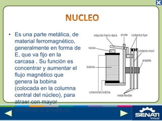 • Es una parte metálica, de
material ferromagnético,
generalmente en forma de
E, que va fijo en la
carcasa . Su función es
concentrar y aumentar el
flujo magnético que
genera la bobina
(colocada en la columna
central del núcleo), para
atraer con mayor
eficiencia la armadura.
 
