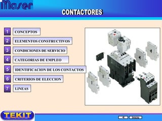 CONCEPTOSCONCEPTOS
ELEMENTOS CONSTRUCTIVOSELEMENTOS CONSTRUCTIVOS22
11
CONDICIONES DE SERVICIOCONDICIONES DE SERVICIO33
CATEGORIAS DE EMPLEOCATEGORIAS DE EMPLEO44
55
CRITERIOS DE ELECCIONCRITERIOS DE ELECCION66
Inicio
LINEASLINEAS
IDENTIFICACION DE LOS CONTACTOSIDENTIFICACION DE LOS CONTACTOS
77
 