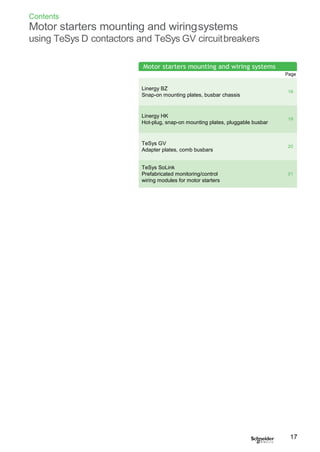 Contents
Motor starters mounting and wiringsystems
using TeSys D contactors and TeSys GV circuitbreakers
Page
Linergy BZ
Snap-on mounting plates, busbar chassis
18
Linergy HK
Hot-plug, snap-on mounting plates, pluggable busbar
19
TeSys GV
Adapter plates, comb busbars
20
TeSys SoLink
Prefabricated monitoring/control
wiring modules for motor starters
21
17
Motor starters mounting and wiring systems
 