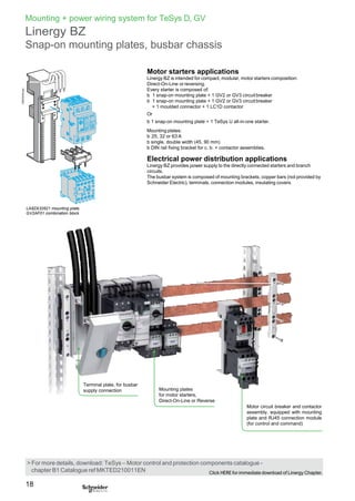 Mounting + power wiring system for TeSys D, GV
Linergy BZ
Snap-on mounting plates, busbar chassis
Motor starters applications
Linergy BZ is intended for compact, modular, motor starters composition:
Direct-On-Line or reversing.
Every starter is composed of:
b 1 snap-on mounting plate + 1 GV2 or GV3 circuitbreaker
b 1 snap-on mounting plate + 1 GV2 or GV3 circuitbreaker
+ 1 moulded connector + 1 LC1D contactor
Or
b 1 snap-on mounting plate + 1 TeSys U all-in-one starter.
Mounting plates:
b 25, 32 or 63 A
b single, double width (45, 90 mm)
b DIN rail fixing bracket for c. b. + contactor assemblies.
Electrical power distribution applications
Linergy BZ provides power supply to the directly connected starters and branch
circuits.
The busbar system is composed of mounting brackets, copper bars (not provided by
Schneider Electric), terminals, connection modules, insulating covers.
LA9ZA32621 mounting plate,
GV2AF01 combination block
18
Terminal plate, for busbar
supply connection Mounting plates
for motor starters,
Direct-On-Line or Reverse
Motor circuit breaker and contactor
assembly, equipped with mounting
plate and RJ45 connection module
(for control and command)
Click HERE for immediate download of Linergy Chapter.chapter B1 Catalogue ref MKTED210011EN
> For more details, download: TeSys – Motor control and protection components catalogue -
DB400246.eps
 