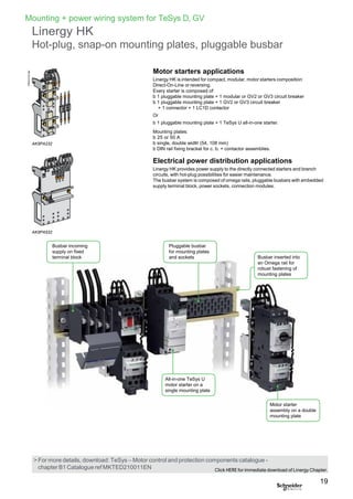 Mounting + power wiring system for TeSys D, GV
Linergy HK
Hot-plug, snap-on mounting plates, pluggable busbar
AK5PA232
AK5PA532
Motor starters applications
Linergy HK is intended for compact, modular, motor starters composition:
Direct-On-Line or reversing.
Every starter is composed of:
b 1 pluggable mounting plate + 1 modular or GV2 or GV3 circuit breaker
b 1 pluggable mounting plate + 1 GV2 or GV3 circuit breaker
+ 1 connector + 1 LC1D contactor
Or
b 1 pluggable mounting plate + 1 TeSys U all-in-one starter.
Mounting plates:
b 25 or 50 A
b single, double width (54, 108 mm)
b DIN rail fixing bracket for c. b. + contactor assemblies.
Electrical power distribution applications
Linergy HK provides power supply to the directly connected starters and branch
circuits, with hot-plug possibilities for easier maintenance.
The busbar system is composed of omega rails, pluggable busbars with embedded
supply terminal block, power sockets, connection modules.
19
Busbar incoming
supply on fixed
terminal block
Pluggable busbar
for mounting plates
and sockets Busbar inserted into
an Omega rail for
robust fastening of
mounting plates
All-in-one TeSys U
motor starter on a
single mounting plate
Motor starter
assembly on a double
mounting plate
Click HERE for immediate download of Linergy Chapter.
chapter B1 Catalogue ref MKTED210011EN
> For more details, download: TeSys – Motor control and protection components catalogue -
DB423152.eps
 