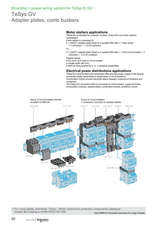 Mounting + power wiring system for TeSys D, GV
TeSys GV
Adapter plates, comb busbars
Motor starters applications
TeSys GV is intended for compact, modular, Direct-On-Line motor starters
composition.
Every starter is composed of:
b 1 LAD311 adapter plate (fixed on 2 parallel DIN rails) + 1 fuse carrier
+ 1 connector + 1 LC1D contactor
Or
b 1 LAD311 adapter plate (fixed on 2 parallel DIN rails) + 1 GV2 circuit breaker + 1
connector + 1 LC1D contactor.
Adapter plates:
b For up to 32 A fuse or circuit breaker
b Single width (45 mm)
b DIN rail fixing bracket for c. b. + contactor assemblies.
Electrical power distributions applications
TeSys GV comb busbars and connectors offer provides power supply to the directly
connected starter assemblies or single fuses or circuit breakers.
Combination blocks provide electrical liaison between fuses/circuit breakers and
contactors.
The TeSys GV connection offer is composed of comb busbars, supply terminals,
combination modules, adapter plates, combination blocks, protective covers.
Group of circuit breakers directly
mounted on DIN rail.
Group of circuit breakers
+ contactors mounted on adapter plates.
> For more details, download: TeSys – Motor control and protection components catalogue -
chapter B2 Catalogue ref MKTED210011EN Click HERE for immediate download of Linergy Chapter.
20
 