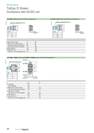 Dimensions
TeSys D Green
Contactors with AC/DC coil
LC1 D09…D18 (3-pole), with AC/DC compatible coil LC1 D25…D38 (3-pole), withAC/DC compatible coil
Minimum electrical clearance
Minimum electrical clearance
c
c1
c2
c3
12,5
(LAD 8)
c
c1
c2
c3
12,5
(LAD 8)
b without add-on blocks 77 85
c without cover or add-on blocks 84 90
with cover, without add-on blocks 86 92
c1 with LAD N or C (2 or 4 contacts) 117 123
c2 with LA6 DK10 129 135
c3 with LAD T, R, S 137 143
with LAD T, R, S and sealing cover 141 147
LC1 D40A…D80A (3-pole), LC1 DT60A…DT80A (4-pole), with AC/DC compatible coil
LA4 DpB
Min. electricalclearance
LAD 4BB3
LAD 4BB3
LA4 DpB
12,5 a 12,5
(LAD 8N) (LAD 8N)
a 55 70
b1 LAD 4BB3 136 –
with LAD4DWB 166 –
c without cover or add-on blocks 118 118
with cover, without add-on blocks 120 120
c1 with LAD N (1 contact) – –
with LAD N or C (2 or 4 contacts) 150 150
c2 with LAD 6K10 163 163
c3 with LAD T, R, S 171 171
with LAD T, R, S and sealing cover 175 175
38
10 1045 45
DF569184.eps
DF510934R.eps
b
122
117
b1
DF565145R.eps
b
12 c
c1
c2
c3
 