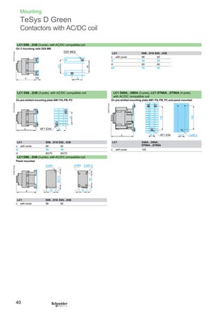 Mounting
TeSys D Green
Contactors with AC/DC coil
LC1 D09…D38 (3-pole), with AC/DC compatible coil
On 2 mounting rails DZ5 MB
DZ5 ME8
c with cover 86 92
G 35 35
H 60 60
H1 70 70
On pre-slotted mounting plate AM1 PA, PB, PC On pre-slotted mounting plate AM1 PA, PB, PC and panel mounted
c with cover 86 92
G 35 35 c with cover 120
H 60/70 60/70
LC1 D09…D38 (3-pole), with AC/DC compatible coil
Panel mounted
2xM4 2xM4 2xØ4,5
c with cover 86 92
40
c
LC1 D09…D18 D25…D38
LC1 D40A…D80A (3-pole), LC1 DT60A…DT80A (4-pole),
with AC/DC compatible coil
LC1 D09…D38 (3-pole), with AC/DC compatible coil
c
c
LC1 D09…D18 D25…D38
LC1 D40A…D80A ,
DT60A…DT80A
c 15 G
AF1 EA4 G
37,5 AF1 EA4 37,5 3xØ6,5
= 35 = = 35 =
LC1 D09…D18 D25…D38
DF565155.epsDF510439.epsDF510718.eps
60/70=H1=
H
H
=50=
DB402218.eps
128
128
 