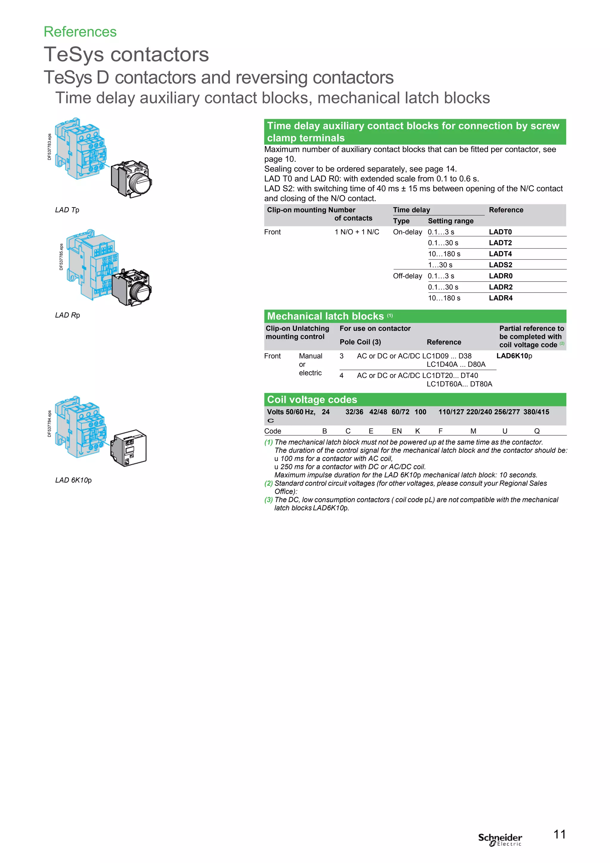 References
TeSys contactors
TeSys D contactors and reversing contactors
Time delay auxiliary contact blocks, mechanical latch blocks
LAD Tp
Maximum number of auxiliary contact blocks that can be fitted per contactor, see
page 10.
Sealing cover to be ordered separately, see page 14.
LAD T0 and LAD R0: with extended scale from 0.1 to 0.6 s.
LAD S2: with switching time of 40 ms ± 15 ms between opening of the N/C contact
and closing of the N/O contact.
LAD Rp
Front 1 N/O + 1 N/C On-delay 0.1…3 s LADT0
0.1…30 s LADT2
10…180 s LADT4
1…30 s LADS2
Off-delay 0.1…3 s LADR0
0.1…30 s LADR2
10…180 s LADR4
Front Manual
or
electric
3 AC or DC or AC/DC LC1D09 ... D38
LC1D40A ... D80A
4 AC or DC or AC/DC LC1DT20... DT40
LC1DT60A... DT80A
LAD6K10p
Coil voltage codes
Volts 50/60 Hz, 24 32/36 42/48 60/72 100 110/127 220/240 256/277 380/415
c
LAD 6K10p
Code B C E EN K F M U Q
(1) The mechanical latch block must not be powered up at the same time as the contactor.
The duration of the control signal for the mechanical latch block and the contactor should be:
u 100 ms for a contactor with AC coil,
u 250 ms for a contactor with DC or AC/DC coil.
Maximum impulse duration for the LAD 6K10p mechanical latch block: 10 seconds.
(2) Standard control circuit voltages (for other voltages, please consult your Regional Sales
Office):
(3) The DC, low consumption contactors ( coil code pL) are not compatible with the mechanical
latch blocks LAD6K10p.
11
Time delay auxiliary contact blocks for connection by screw
clamp terminals
Setting range
Type
Reference
Time delay
Clip-on mounting Number
of contacts
DF537784.eps
DF537783.eps
DF537785.eps
Mechanical latch blocks (1)
Clip-on Unlatching
mounting control
For use on contactor
Pole Coil (3) Reference
Partial reference to
be completed with
coil voltage code (2)
 