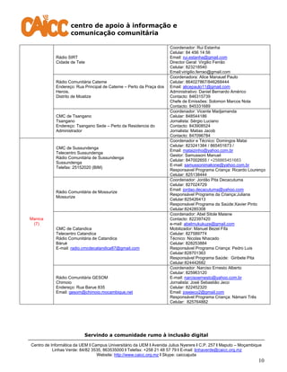 centro de apoio à informação e
comunicação comunitária
Servindo a comunidade rumo à inclusão digital
Centro de Informática da UEM I Campus Universitário da UEM I Avenida Julius Nyerere I C.P. 257 I Maputo – Moçambique
Linhas Verde: 84/82 3535, 863535000 I Telefax: +258 21 48 57 79 I E-mail: linhaverde@caicc.org.mz
Website: http://www.caicc.org.mz I Skype: caiccajuda
10
Rádio SIRT
Cidade de Tete
Coordenador: Rui Estanha
Celular: 84 456 14 56
Email: rui.estanha@gmail.com
Director Geral: Virgilio Ferrão
Celular: 823218540
Email:virigilio.ferrao@gmail.com
Rádio Comunitária Cateme
Endereço: Rua Principal de Cateme – Perto da Praça dos
Herois.
Distrito de Moatize
Coordenadora: Alice Manauel Paulo
Celular: 864027867/846268444
Email: alicepaulo11@gmail.com
Administrativo: Daniel Bernardo Américo
Contacto: 846315739
Chefe de Emissões: Solomon Marcos Nota
Contacto: 845331689
CMC de Tsangano
Tsangano
Endereço: Tsangano Sede – Perto da Residencia do
Administrador
Coordenador: Vicente Madjamanda
Celular: 848544186
Jornalista: Sérgio Luciano
Contacto: 843908524
Jornalista: Matias Jacob
Contacto: 847096784
Manica
(7)
CMC de Sussundenga
Telecentro Sussundenga
Rádio Comunitária de Sussundenga
Sussundenga
Telefax: 25152020 (BIM)
Coordenador e Técnico: Domingos Matai
Celular: 823241384 / 865451673 /
Email: mataizinho@yahoo.com.br
Gestor: Samussoni Manuel
Celular: 847002655 / +258865451683
E-mail: samussonimakone@yahoo.com.br
Responsavel Programa Criança: Ricardo Lourenço
Celular: 825138444
Rádio Comunitária de Mossurize
Mossurize
Coordenador: Jordão Pita Decacutuma
Celular: 827024729
Email: jordao.decacutuma@yahoo.com
Responsável Programa da Criança:Juliana
Celular:825426413
Responsável Programa da Saúde:Xavier Pinto
Celular:824285308
CMC de Catandica
Telecentro Catandica
Rádio Comunitária de Catandica
Báruè
E-mail: radio.cmcdecatandica87@gmail.com
Coordenador: Abel Sitole Maiene
Contacto: 822397420
e-mail: abelmukukuze@gmail.com
Mobilizador: Manuel Bezel Fifa
Celular: 827589774
Técnico: Nicolas Nhacado
Celular: 828253884
Responsável Programa Criança: Pedro Luis
Celular:828701363
Responsável Programa Saúde: Giribete Pita
Celular:824442682
Rádio Comunitária GESOM
Chimoio
Endereço: Rua Barue 835
Email: gesom@chimoio.mocambique.net
Coordenador: Narciso Ernesto Alberto
Celular: 825963120
E-mail: narcisoernesto@yahoo.com.br
Jornalista: José Sebastião Jeco
Celular: 822452320
Email: josejeco2@gmail.com
Responsável Programa Criança: Námani Três
Celular: 825764882
 