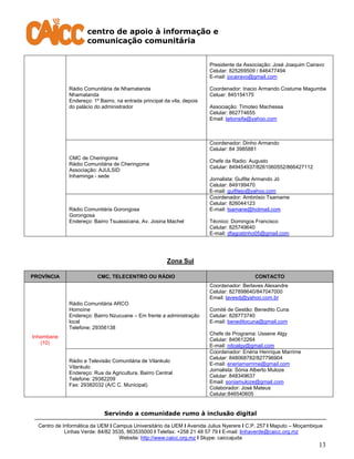 centro de apoio à informação e
comunicação comunitária
Servindo a comunidade rumo à inclusão digital
Centro de Informática da UEM I Campus Universitário da UEM I Avenida Julius Nyerere I C.P. 257 I Maputo – Moçambique
Linhas Verde: 84/82 3535, 863535000 I Telefax: +258 21 48 57 79 I E-mail: linhaverde@caicc.org.mz
Website: http://www.caicc.org.mz I Skype: caiccajuda
13
Rádio Comunitária de Nhamatanda
Nhamatanda
Endereço: 1º Bairro, na entrada principal da vila, depois
do palácio do administrador
Presidente da Associação: José Joaquim Cairavo
Celular: 825269509 / 846477494
E-mail: jocairavo@gmail.com
Coordenador: Inacio Armando Costume Magumbe
Celuar: 845154175
Associação: Timoteo Machessa
Celular: 862774655
Email: laitonsifa@yahoo.com
CMC de Cheringoma
Rádio Comunitária de Cheringoma
Associação: AJULSID
Inhaminga - sede
Coordenador: Dinho Armando
Celular: 84 3985881
Chefe da Radio: Augusto
Celular: 849454937/8261060552/866427112
Jornalista: Guifite Armando Jó
Celular: 849199470
E-mail: guifitejo@yahoo.com
Rádio Comunitária Gorongosa
Gorongosa
Endereço: Bairro Tsuassicana, Av. Josina Machel
Coordenador: Ambrósio Tsamame
Celular: 826044123
E-mail: tsamane@hotmail.com
Técnico: Domingos Francisco
Celular: 825749640
E-mail: dfagostinho05@gmail.com
Zona Sul
PROVÍNCIA CMC, TELECENTRO OU RÁDIO CONTACTO
Inhambane
(10)
Rádio Comunitária ARCO
Homoíne
Endereço: Bairro Nzucuane – Em frente a administração
local
Telefone: 29356138
Coordenador: Berlaves Alexandre
Celular: 827898640/847047000
Email: lavesdj@yahoo.com.br
Comité de Gestão: Benedito Cuna
Celular: 828773740
E-mail: beneditocuna@gmail.com
Chefe de Programa: Ussene Algy
Celular: 840612264
E-mail: nitoalgy@gmail.com
Rádio e Televisão Comunitária de Vilankulo
Vilankulo
Endereço: Rua da Agricultura, Bairro Central
Telefone: 29382209
Fax: 29382032 (A/C C. Municipal)
Coordenador: Enéria Henrique Marrime
Celular: 848068782/827796904
E-mail: eneriamarrime@gmail.com
Jornalista: Sónia Alberto Muloze
Celular: 848349637
Email: soniamuloze@gmail.com
Colaborador: José Mateus
Celular:846540605
 