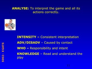 11
STAGE-2005
ANALYSE: To interpret the game and all its
actions correctly.
?
INTENSITY – Consistent interpretation
ADV/DISADV – Caused by contact
WHO – Responsibility and intent
KNOWLEDGE – Read and understand the
play
 