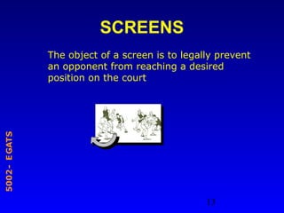 13
STAGE-2005
SCREENS
The object of a screen is to legally prevent
an opponent from reaching a desired
position on the court
 