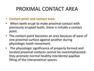 PROXIMAL CONTACT AREA
• Contact point and contact area:
• When teeth erupt to make proximal contact with
previously erupted teeth, there is initially a contact
point.
• The contact point becomes an area because of wear of
one proximal surface against another during
physiologic tooth movement.
• The physiologic significance of properly formed and
located proximal contacts cannot be overemphasized;
they promote normal healthy interdental papillae
filling of the interproximal spaces.
 