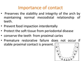 Importance of contact
• Preserves the stability and integrity of the arch by
maintaining normal mesiodistal relationship of
teeth.
• Prevent food impaction interdentally
• Protect the soft tissue from periodontal disease
• conserve the teeth from proximal caries
• Premature restorative failure does not occur if
stable proximal contact is present.
 