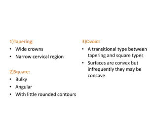 1)Tapering:
• Wide crowns
• Narrow cervical region
2)Square:
• Bulky
• Angular
• With little rounded contours
3)Ovoid:
• A transitional type between
tapering and square types
• Surfaces are convex but
infrequently they may be
concave
 