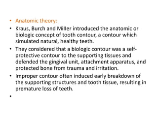 • Anatomic theory:
• Kraus, Burch and MiIIer introduced the anatomic or
biologic concept of tooth contour, a contour which
simulated natural, healthy teeth.
• They considered that a biologic contour was a self-
protective contour to the supporting tissues and
defended the gingival unit, attachment apparatus, and
protected bone from trauma and irritation.
• Improper contour often induced early breakdown of
the supporting structures and tooth tissue, resulting in
premature loss of teeth.
•
 