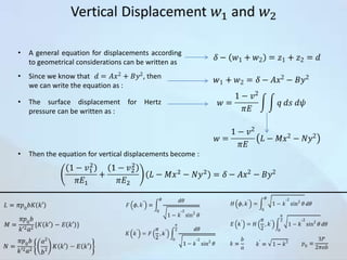 •

A general equation for displacements according
to geometrical considerations can be written as

•

Since we know that
we can write the equation as :

•

The surface displacement for Hertz
pressure can be written as :

•

Then the equation for vertical displacements become :

, then

 