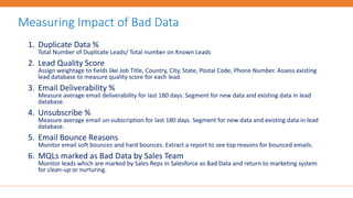 1. Duplicate Data %
Total Number of Duplicate Leads/ Total number on Known Leads
2. Lead Quality Score
Assign weightage to fields like Job Title, Country, City, State, Postal Code, Phone Number. Assess existing
lead database to measure quality score for each lead.
3. Email Deliverability %
Measure average email deliverability for last 180 days. Segment for new data and existing data in lead
database.
4. Unsubscribe %
Measure average email un-subscription for last 180 days. Segment for new data and existing data in lead
database.
5. Email Bounce Reasons
Monitor email soft bounces and hard bounces. Extract a report to see top reasons for bounced emails.
6. MQLs marked as Bad Data by Sales Team
Monitor leads which are marked by Sales Reps in Salesforce as Bad Data and return to marketing system
for clean-up or nurturing.
Measuring Impact of Bad Data
 