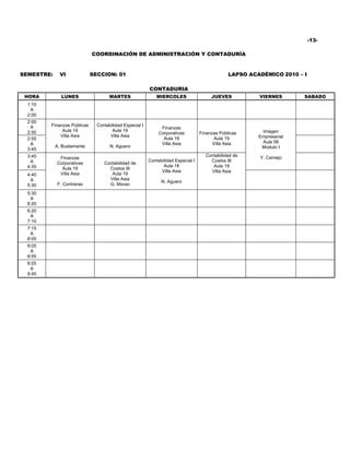 -13-

                             COORDINACIÓN DE ADMINISTRACIÓN Y CONTADURÍA


SEMESTRE:     VI             SECCION: 01                                                        LAPSO ACADÉMICO 2010 – I

                                                         CONTADURIA
 HORA         LUNES                  MARTES                  MIERCOLES                  JUEVES           VIERNES       SABADO
  1:10
   A
  2:00
  2:00
   A     Finanzas Públicas     Contabilidad Especial I
                                                               Finanzas
  2:50        Aula 19                 Aula 19                                                             Imagen
                                                              Corporativas         Finanzas Públicas
             Villa Asia              Villa Asia                                                          Empresarial
  2:55                                                          Aula 18                   Aula 19
   A                                                           Villa Asia                Villa Asia       Aula 06
            A. Bustamante            N. Aguero                                                            Modulo I
  3:45
  3:45                                                                               Contabilidad de     Y. Camejo
             Finanzas
   A                                                     Contabilidad Especial I       Costos III
            Corporativas          Contabilidad de
  4:35                                                          Aula 18                 Aula 19
              Aula 19               Costos III
                                                               Villa Asia              Villa Asia
  4:40       Villa Asia              Aula 19
   A                                Villa Asia
                                                               N. Aguero
  5:30      F. Contreras            G. Morao
  5:30
   A
  6:20
  6:20
   A
  7:10
  7:15
   A
  8:05
  8:05
   A
  8:55
  8:55
   A
  9:45
 