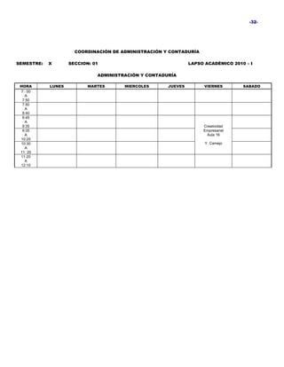 -32-




                      COORDINACIÓN DE ADMINISTRACIÓN Y CONTADURÍA

SEMESTRE:   X       SECCION: 01                                LAPSO ACADÉMICO 2010 – I

                              ADMINISTRACIÓN Y CONTADURÍA

 HORA       LUNES          MARTES      MIERCOLES      JUEVES         VIERNES       SABADO
 7 : 00
   A
  7:50
  7:50
   A
  8:40
  8:45
   A
  9:35                                                              Creatividad
  9:35                                                              Empresarial
   A                                                                 Aula 16
 10:25
 10:30                                                               Y. Camejo
   A
 11: 20
 11:20
   A
 12:10
 