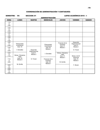 -19-

                              COORDINACIÓN DE ADMINISTRACIÓN Y CONTADURÍA

SEMESTRE:    VII              SECCION: 01                                        LAPSO ACADÉMICO 2010 – I
                                                  ADMINISTRACIÓN
 HORA        LUNES                 MARTES           MIERCOLES            JUEVES            VIERNES         SABADO
  1:10
   A
  2:00
  2:00
   A
  2:50
  2:55
   A
  3:45
  3:45
   A
  4:35
  4:40                                                                                      Desarrollo
                                                                      Finanzas de la
   A        Presupuesto                                                                   Organizacional
                                                     Presupuesto         Empresa
  5:30      Empresarial                                                                      Aula 01
                                                     Empresarial         Aula 01
              Aula 03                                                                        Módulo I
  5:30                                                 Aula 04           Módulo I
   A                                                   Módulo I
            I. González            Desarrollo                                               O. Torcat
  6:20
                                 Organizacional
  6:20                              Aula 01                          Stmas. Tributarios
                                                     I. González
   A                                Módulo I                              Taller
         Stmas. Tributarios
  7:10                                                                   Aula 01          Stmas. de Inf.
              Taller
                                                                         Módulo I           Gerencial
             Aula 03
  7:15                             O. Torcat        Finanzas de la                          Aula 01
             Módulo I
   A                                                   Empresa                              Módulo I
  8:05                                                 Aula 04           M. Zorrilla
                                                       Módulo I
             M. Zorrilla
  8:05                                                                                      F. Murati
   A
  8:55
  8:55
   A
  9:45
 