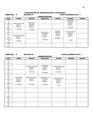 -4-



                                COORDINACIÓN DE ADMINISTRACIÓN Y CONTADURÍA
SEMESTRE:     II               SECCION: 01                           LAPSO ACADÉMICO 2010 - I
                                              ADMINISTRACIÓN
 HORA          LUNES                  MARTES               MIERCOLES               JUEVES                 VIERNES          SABADO
  7:00                                                                                                   Contabilidad
   A                                                                                                      General II
  7:50                               Contabilidad
         Inglés Instrumental                                                                               Aula 03
                                      General II
  7:50         Aula 04                                                                                    Módulo I
                                       Aula 04
   A          Módulo I
                                      Módulo I
  8:40                                                                                                    M. Hidalgo
  8:45       E. Sánchez
                                      M. Hidalgo
   A                                                                              Legislación
                                                            Introducción a                             Administración de
  9:35                                                                             Mercantil
                                                              Informática                                Empresas I
                                                                                   Aula 04
  9:35                                                          Aula 03                                    Aula 03
         Legislación Mercantil                                                     Módulo I
   A                                                                                                      Módulo I
                Aula 04                                        Módulo I
 10:25
               Módulo I                                                             M. Mata
 10:30                                                      L. Quilarquez                                   J. Valls
   A           M. Mata
 11:20
 11:20
   A
 12:10




SEMESTRE:     II               SECCION: 02                                                      LAPSO ACADÉMICO 2010 – I
                                                         ADMINISTRACIÓN
 HORA          LUNES                  MARTES               MIERCOLES                JUEVES                 VIERNES         SABADO
  1:10
   A
  2:00
  2:00                                                       Contabilidad
   A                             Legislación Mercantil                         Legislación Mercantil
                                                              General II
  2:50                                  Aula 04                                       Aula 04
                                                               Aula 03
                                       Módulo I                                      Módulo I
  2:55                                                        Módulo I
   A                                 C. Ramìrez                                    C. Ramìrez
  3:45                                                       M. Hidalgo

  3:45
   A
             Contabilidad        Inglés Instrumental       Introducción a la
  4:35                                                                          Administración de
              General II               Aula 04                Informática
  4:40                                                                            Empresas I
               Aula 04                Módulo I                  Aula 03
   A                                                                                Aula 04
              Módulo I                                          Módulo I
  5:30                                                                             Módulo I
  5:30       M. Hidalgo              E. Sanchez             L. Quilarquez
                                                                                     J. Valls
   A
  6:20
  6:20
   A
  7:10
  7:15
   A
  8:05
  8:05
   A
  8:55
  8:55
   A
  9:45
 