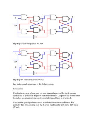 Flip-flop D con compuertas NAND.




Flip-flop JK con compuertas NAND.

Los patigramas los veremos el día de laboratorio.

Contadores

Un circuito secuencial que pasa por una secuencia preestablecida de estados
después de la aplicación de pulsos se llama contador. Los pulsos de cuenta serán
los pulsos u oscilaciones de nuestro oscilador aestable de la practica 2.

Un contador que sigue la secuencia binaria se llama contador binario. Un
contador de n bits consiste en n flip-flop's y puede contar en binario de 0 hasta
(2^n)-1.
 